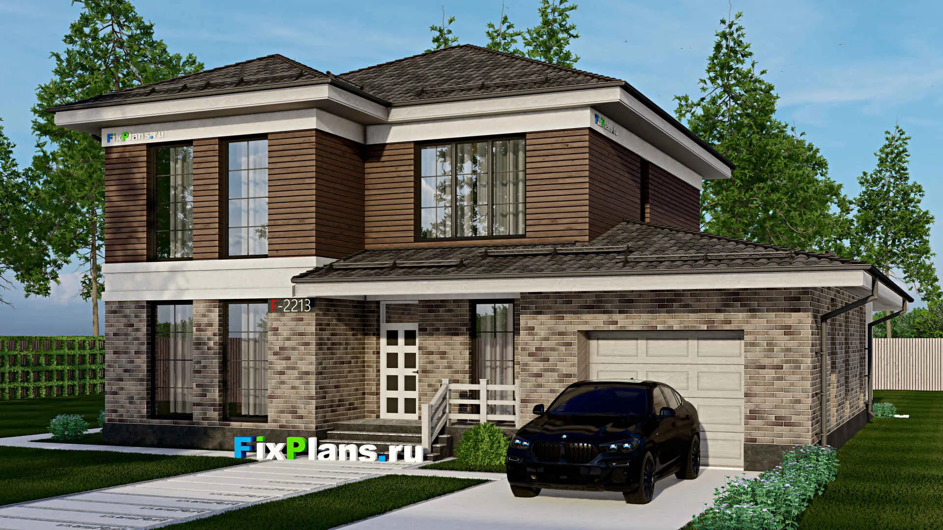 F-2213 - Проект двухэтажного дома 13 на 16, площадью 240 м² с террасой, гаражом на 1 машину и 3 спальнями