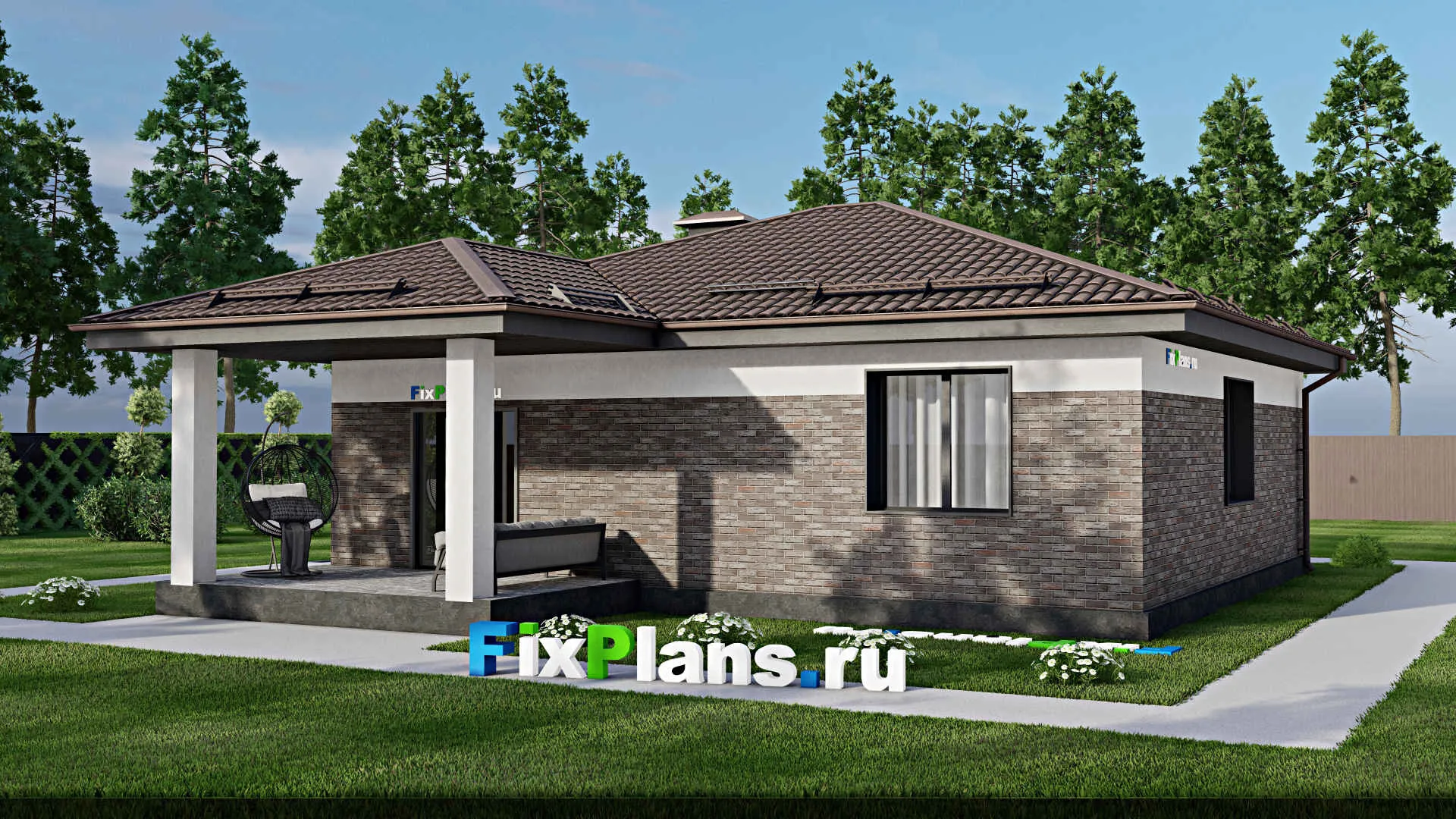 F-3428 - Проект одноэтажного дома 11 на 12, площадью 120 м² с террасой и 3 спальнями