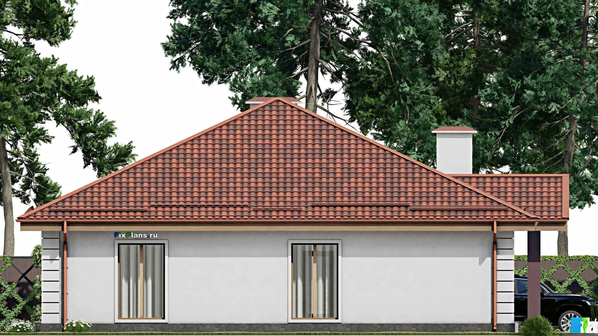 F-9233 - Проект одноэтажного дома 15 на 15, площадью 170 м² с террасой и 4 спальнями