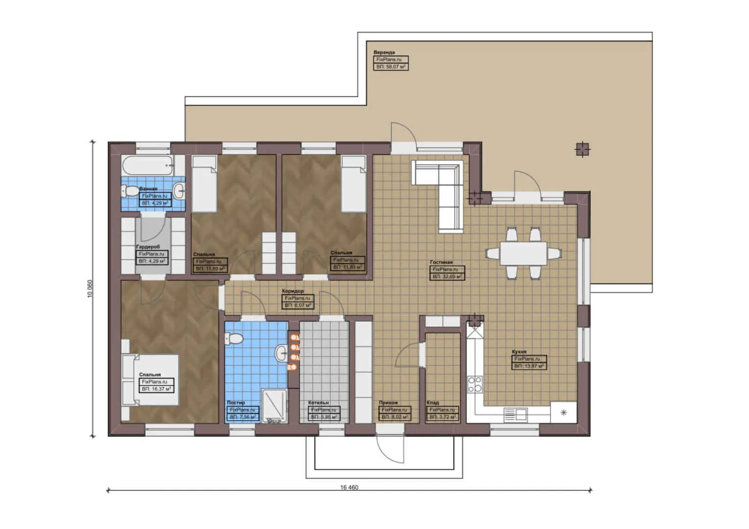 F-0161 - План одноэтажного дома 11 на 17, площадью 190 м² с террасой и 3 спальнями