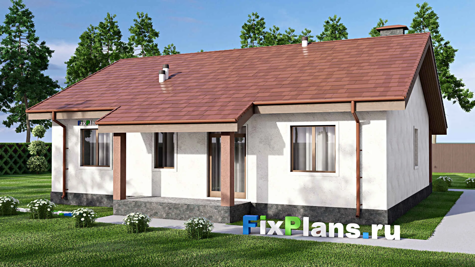 F-13535 - План одноэтажного дома 13 на 14, площадью 130 м² с террасой и 3 спальнями