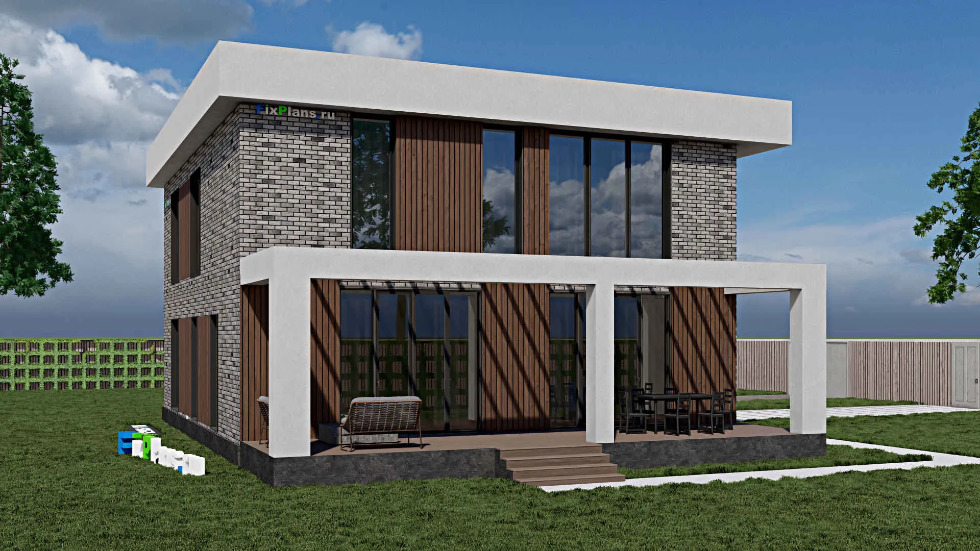 F-1412 - Планы двухэтажного дома 12 на 13, площадью 250 м² с террасой, баней и 5 спальнями