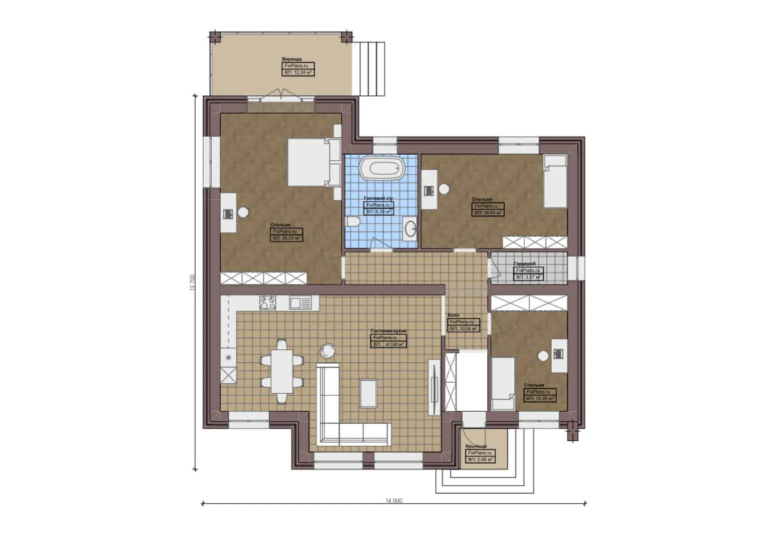 F-0152 - План одноэтажного дома 14 на 14, площадью 140 м² с террасой и 3 спальнями