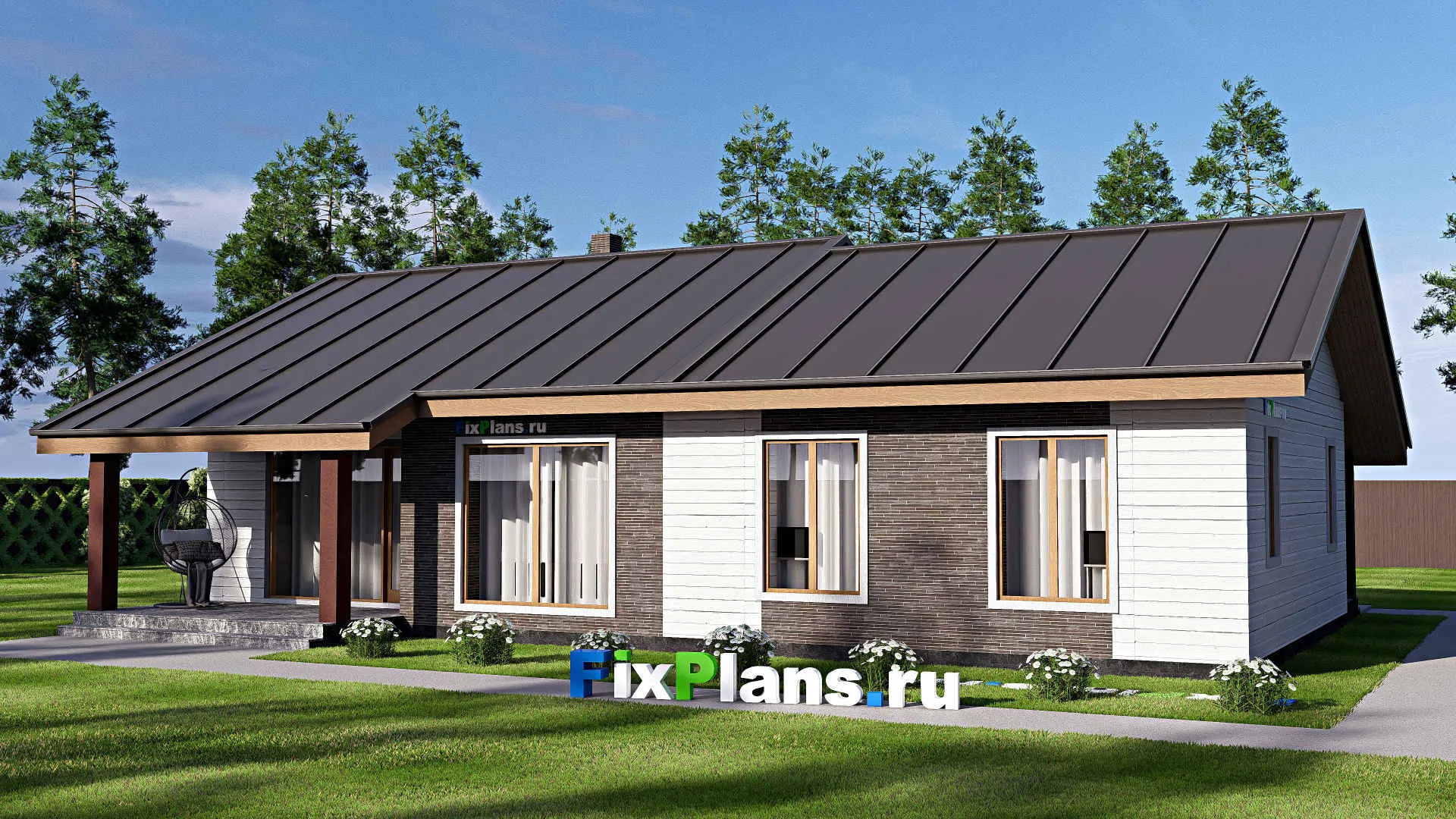 F-18035 - План одноэтажного дома 12 на 17, площадью 140 м² с террасой и 3 спальнями