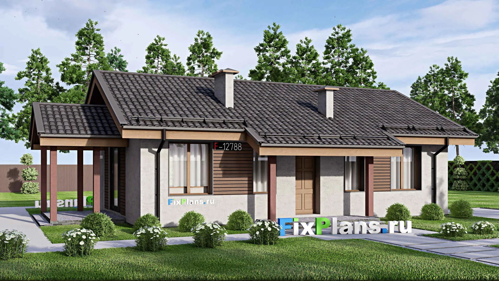 F-12788 - Проект одноэтажного дома 10 на 15, площадью 100 м² с террасой и 3 спальнями