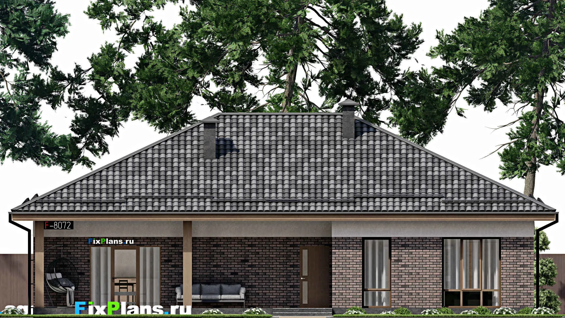 F-8072 - План одноэтажного дома 13 на 17, площадью 180 м² с террасой и 4 спальнями