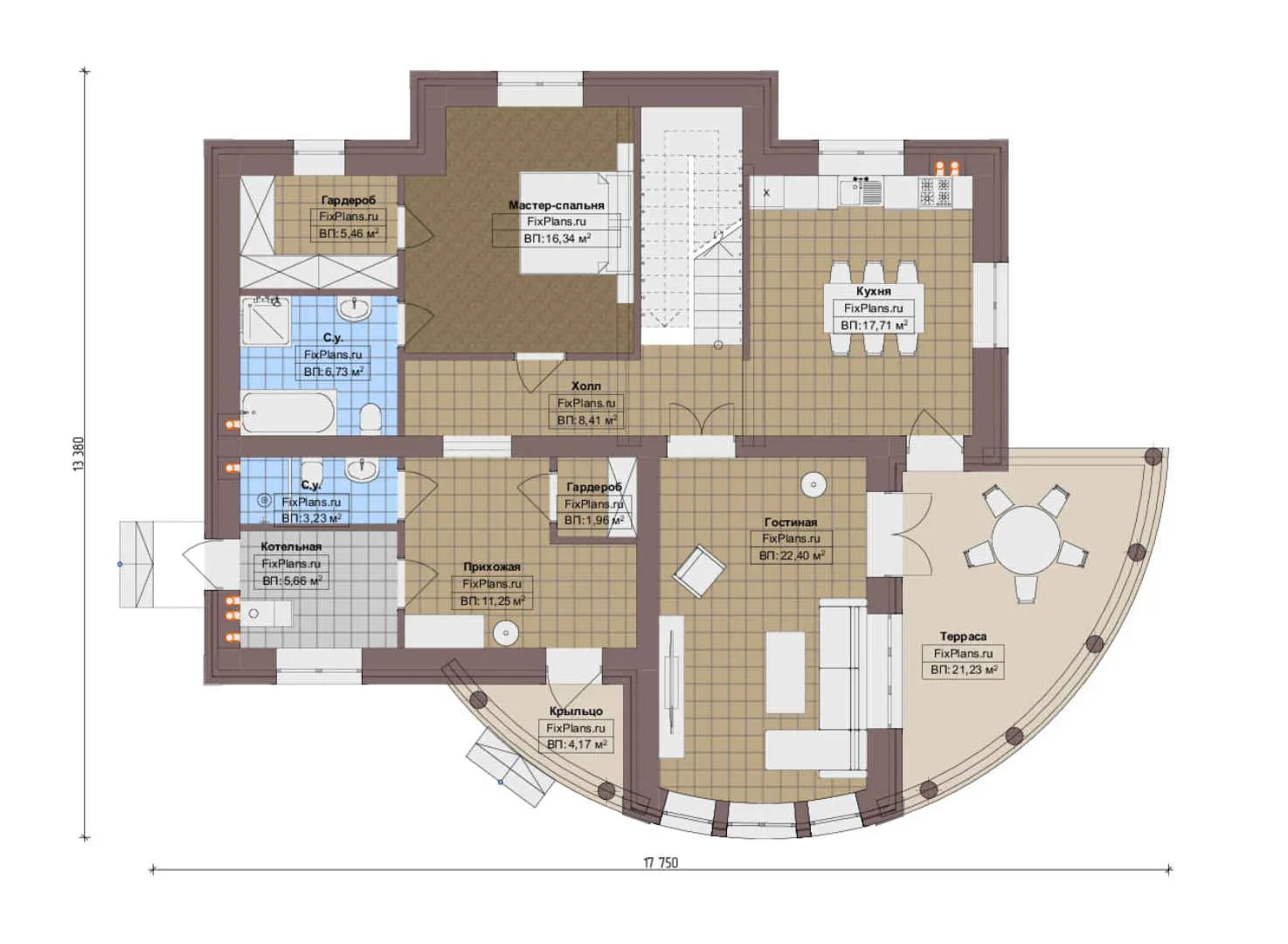 F-20519 - Планы двухэтажного дома 14 на 18, площадью 250 м² с террасой, балконом и 5 спальнями