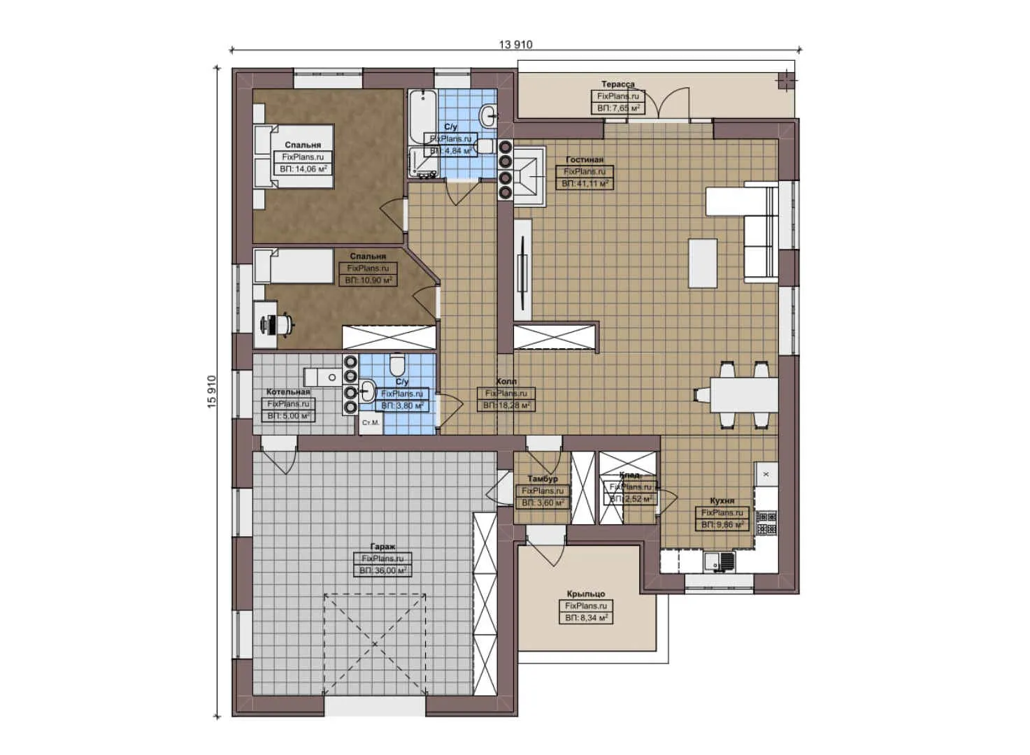 F-8009 - План одноэтажного дома 14 на 16, площадью 170 м² с террасой, гаражом на 2 машины и 2 спальнями