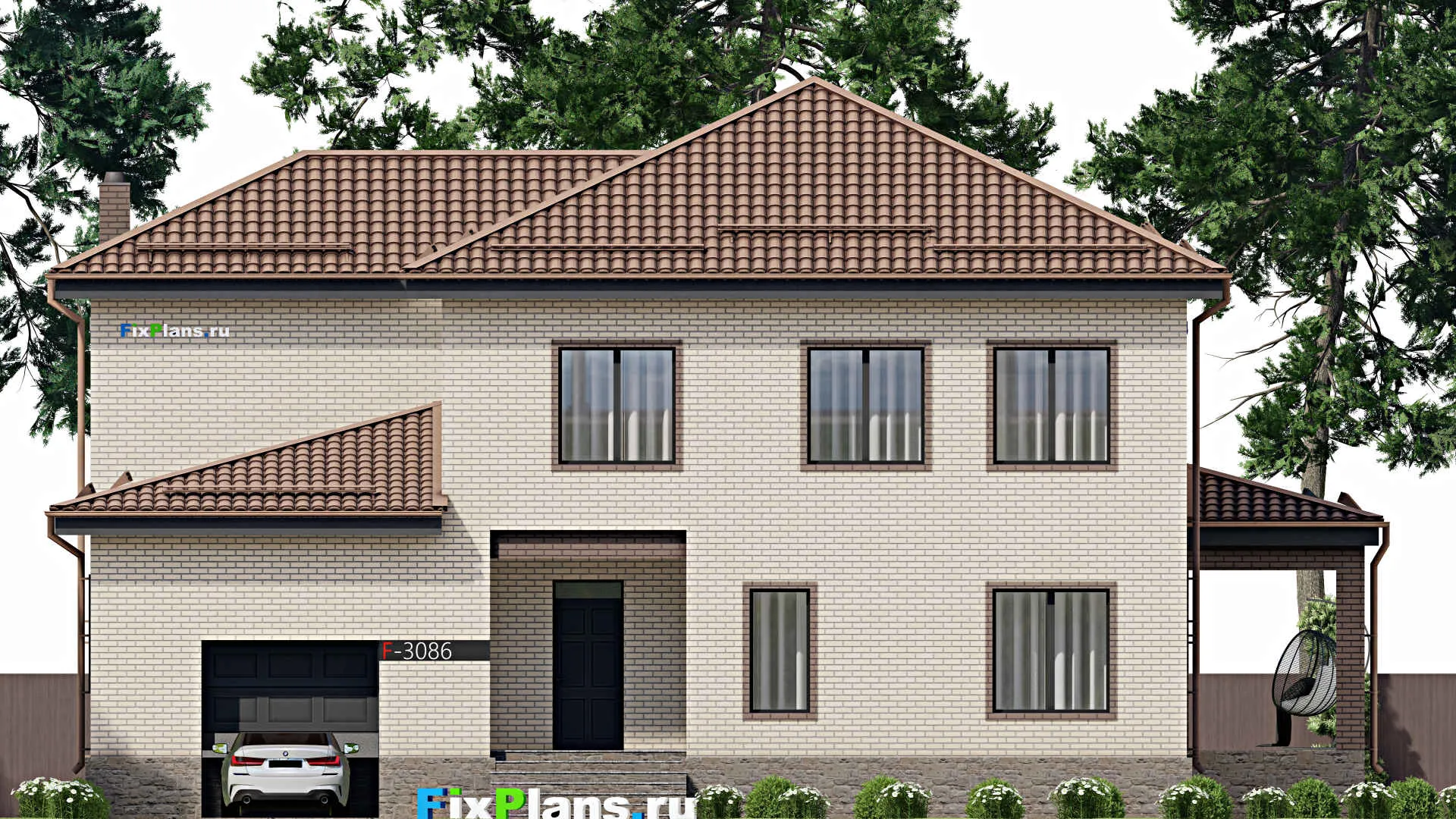 F-3086 - Планы двухэтажного дома 17 на 18, площадью 410 м² с террасой, цокольным этажом, баней, гаражом на 1 машину и 5 спальнями