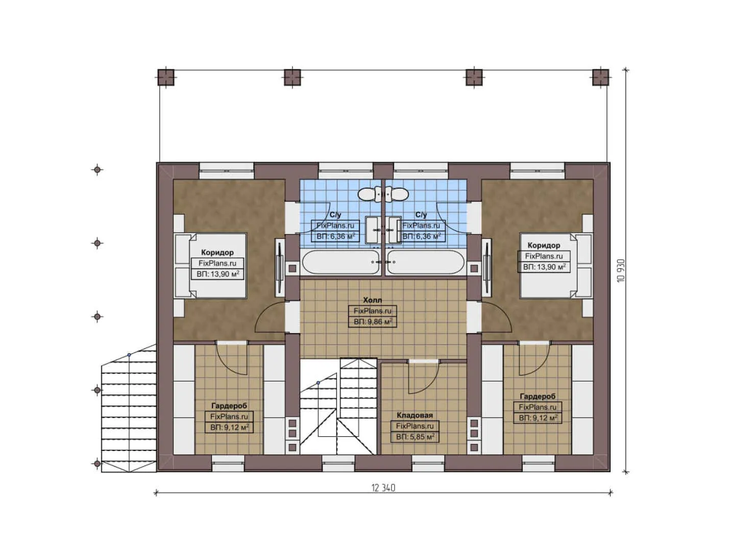 F-2033 - План одноэтажного дома 11 на 15, площадью 190 м² с террасой, цокольным этажом и 3 спальнями