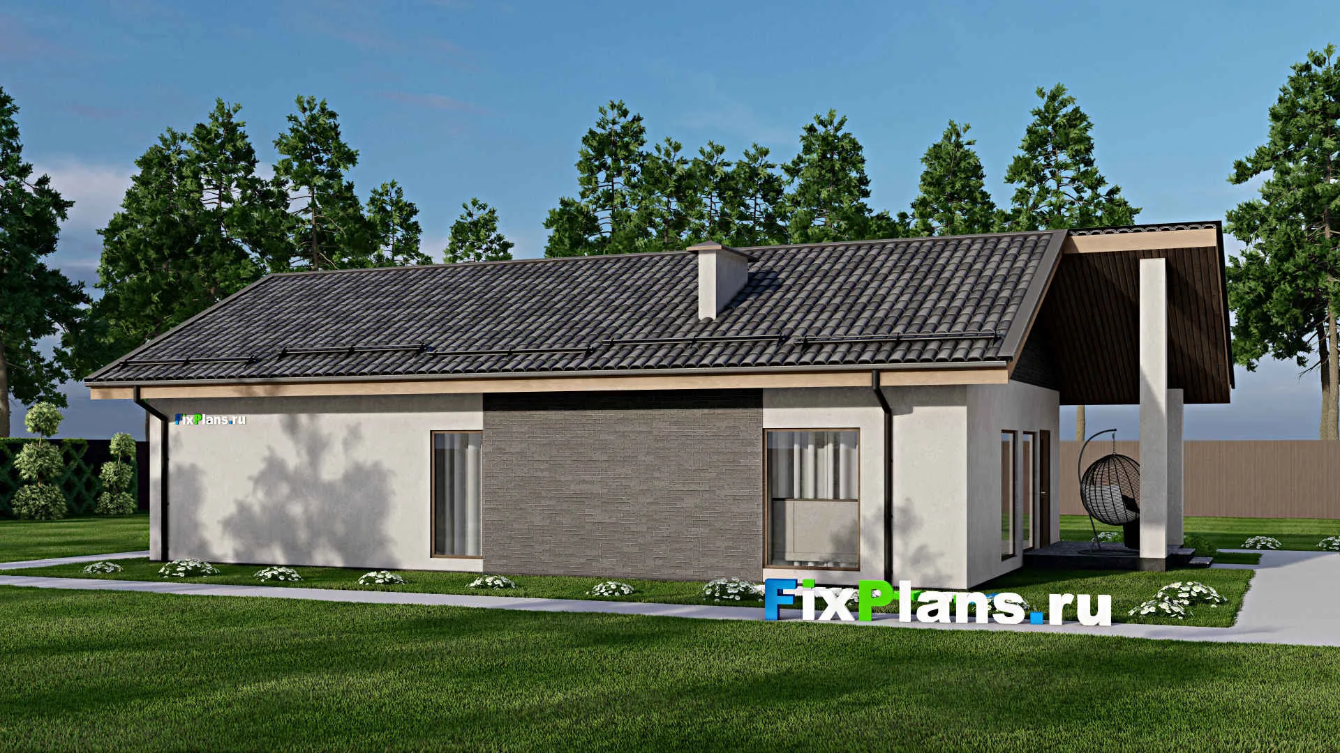 F-6722 - Проект одноэтажного дома 9 на 17, площадью 120 м² с террасой и 3 спальнями