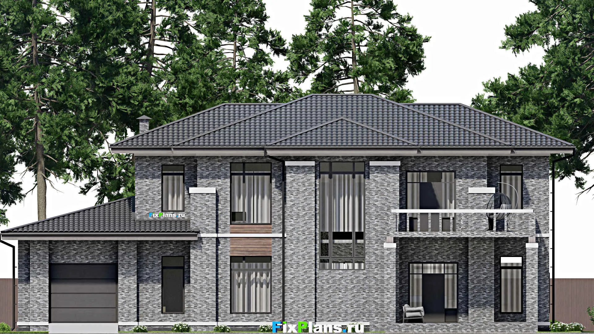 F-4436 - Планы двухэтажного дома 16 на 23, площадью 320 м² с террасой, балконом, гаражом на 1 машину и 4 спальнями