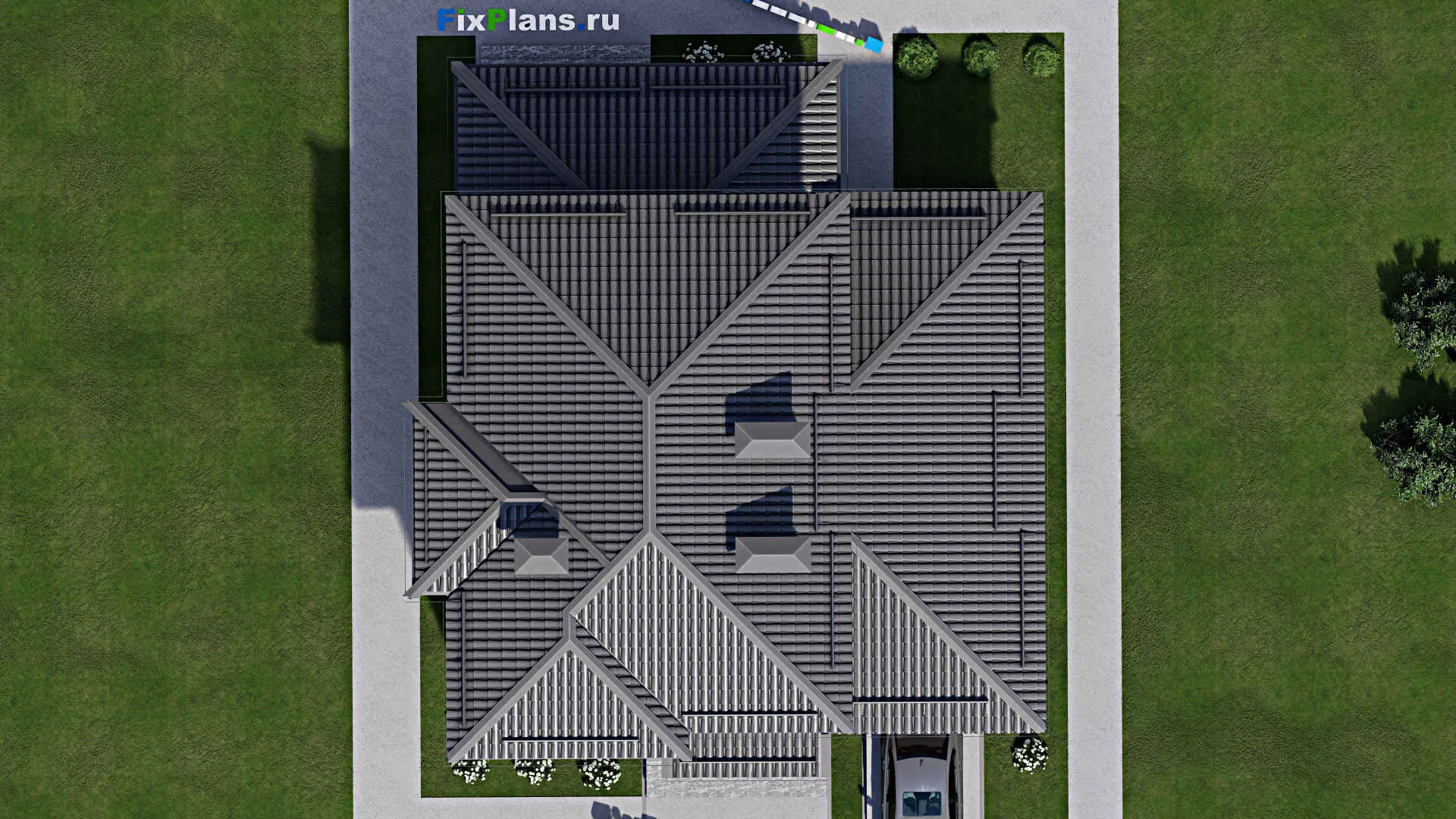 F-3554 - Планы двухэтажного дома 12 на 13, площадью 190 м² с террасой, гаражом на 2 машины и 5 спальнями