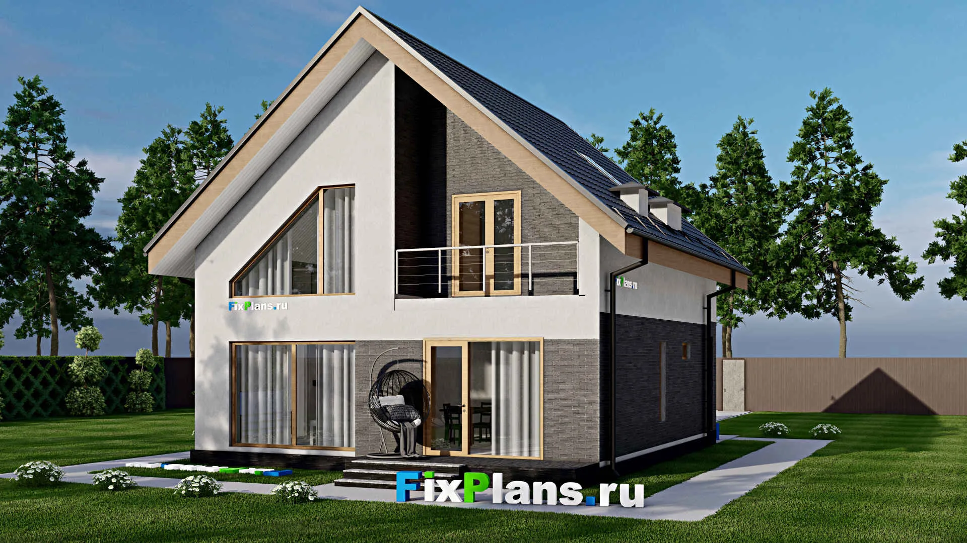 F-3851 - Проект дома с мансардой 10 на 10, площадью 180 м² с террасой, балконом и 4 спальнями