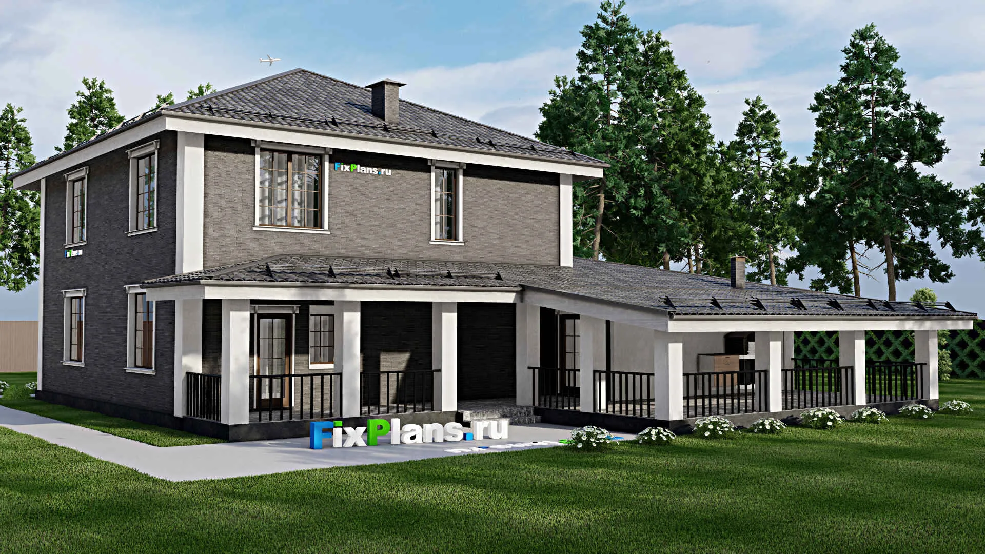 F-12356 - Планы двухэтажного дома 18 на 19, площадью 320 м² с террасой, гаражом на 2 машины и 3 спальнями