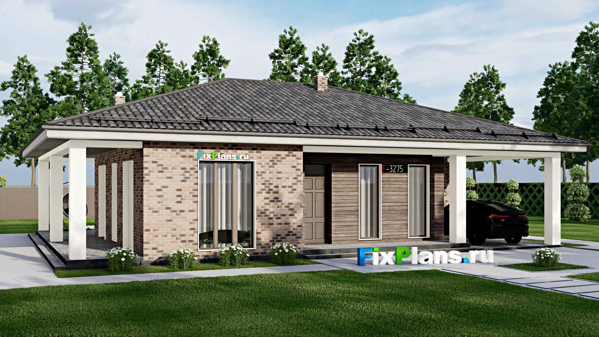 F-3275 - Проект одноэтажного дома 14 на 16, площадью 180 м² с террасой, гаражом на 1 машину и 2 спальнями