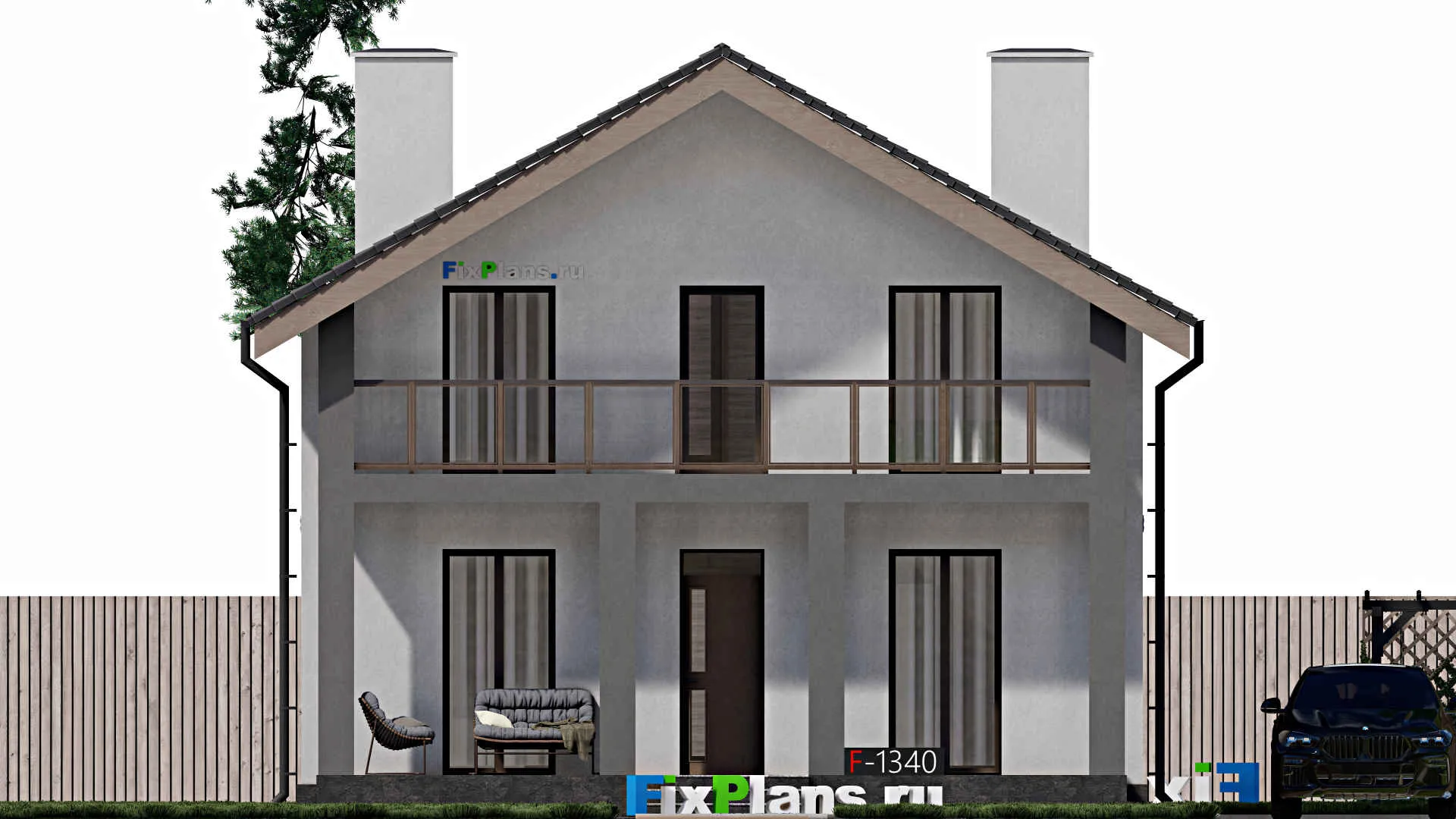 F-1340 - Планы дома с мансардой 9 на 10, площадью 140 м² с балконом и 3 спальнями