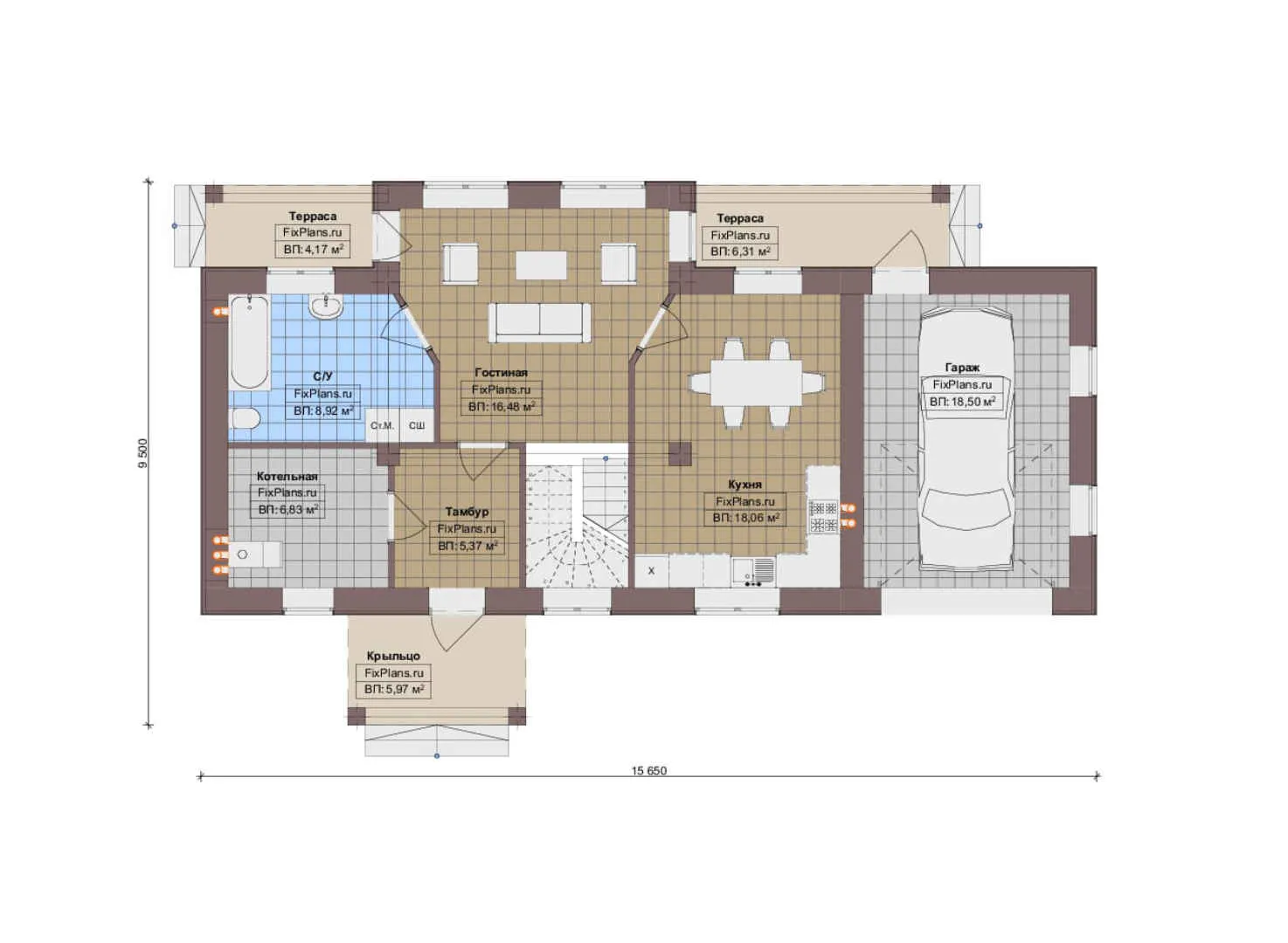 F-18845 - План одноэтажного дома 10 на 16, площадью 140 м² с террасой, гаражом на 1 машину и 2 спальнями