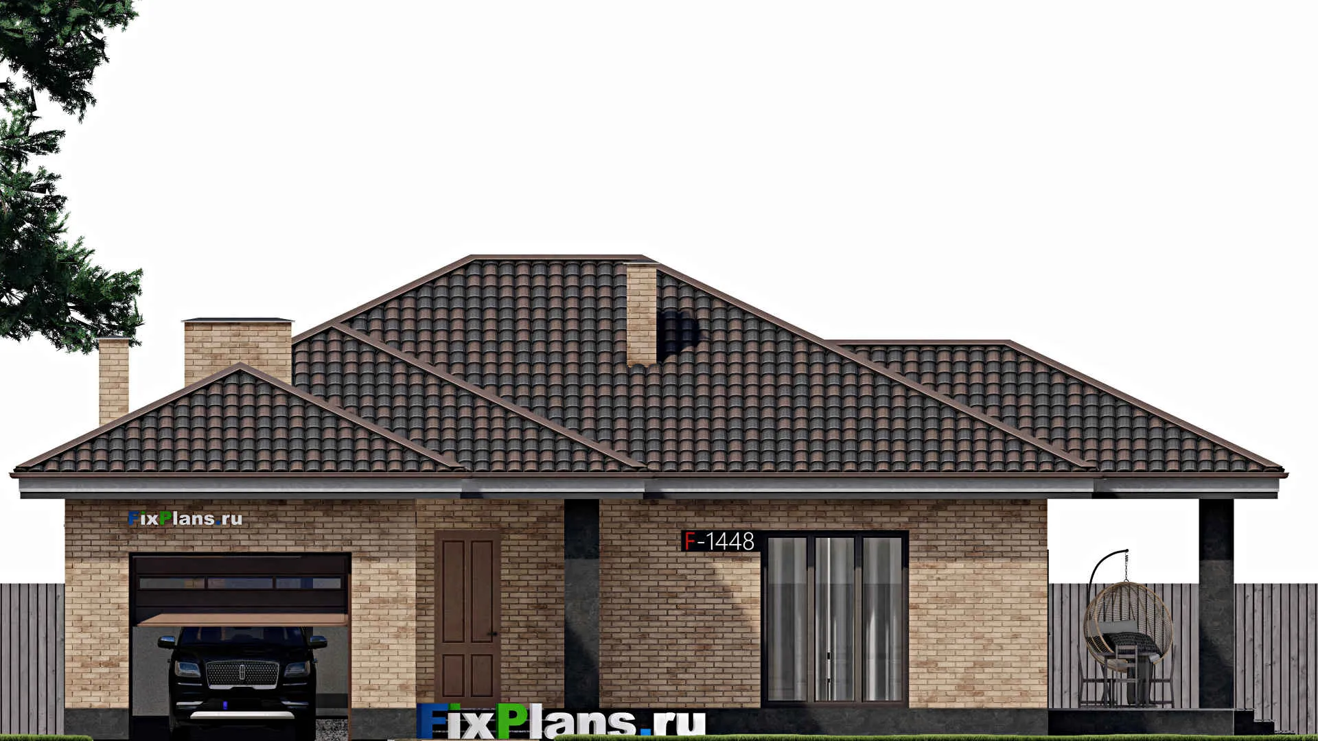 F-1448 - Проект одноэтажного дома 14 на 20, площадью 170 м² с террасой, гаражом на 1 машину и 3 спальнями