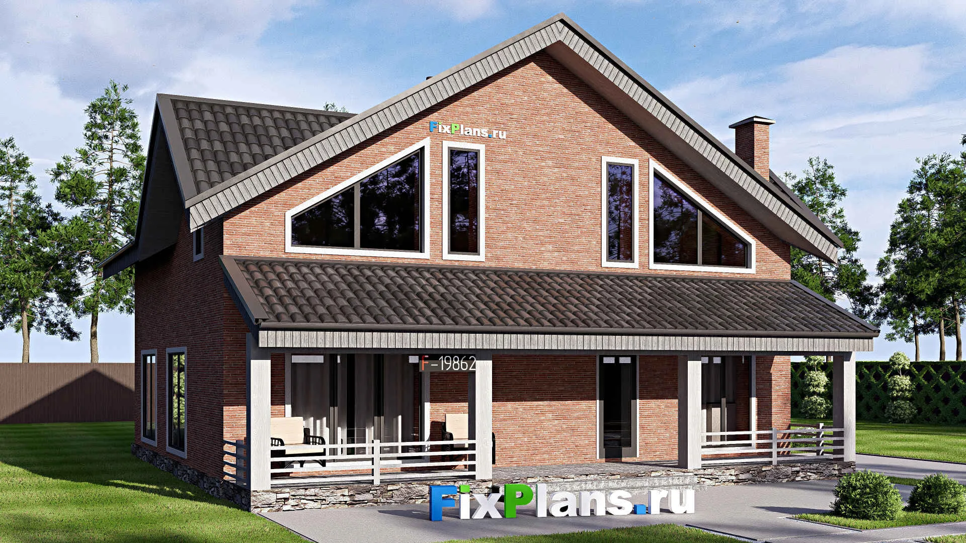 F-19862 - Проект дома с мансардой 12 на 12, площадью 200 м² с террасой и 6 спальнями