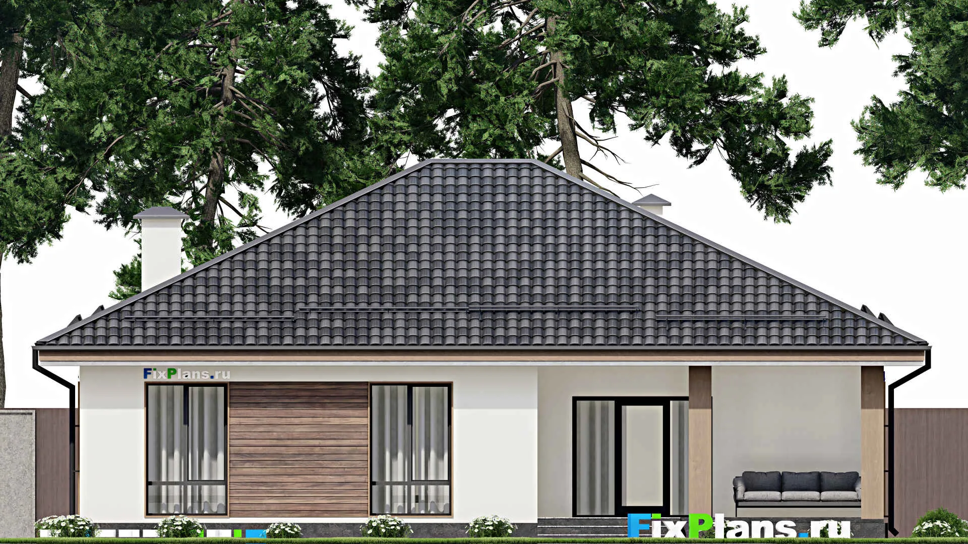 F-5633 - План одноэтажного дома 13 на 15, площадью 140 м² с террасой и 3 спальнями