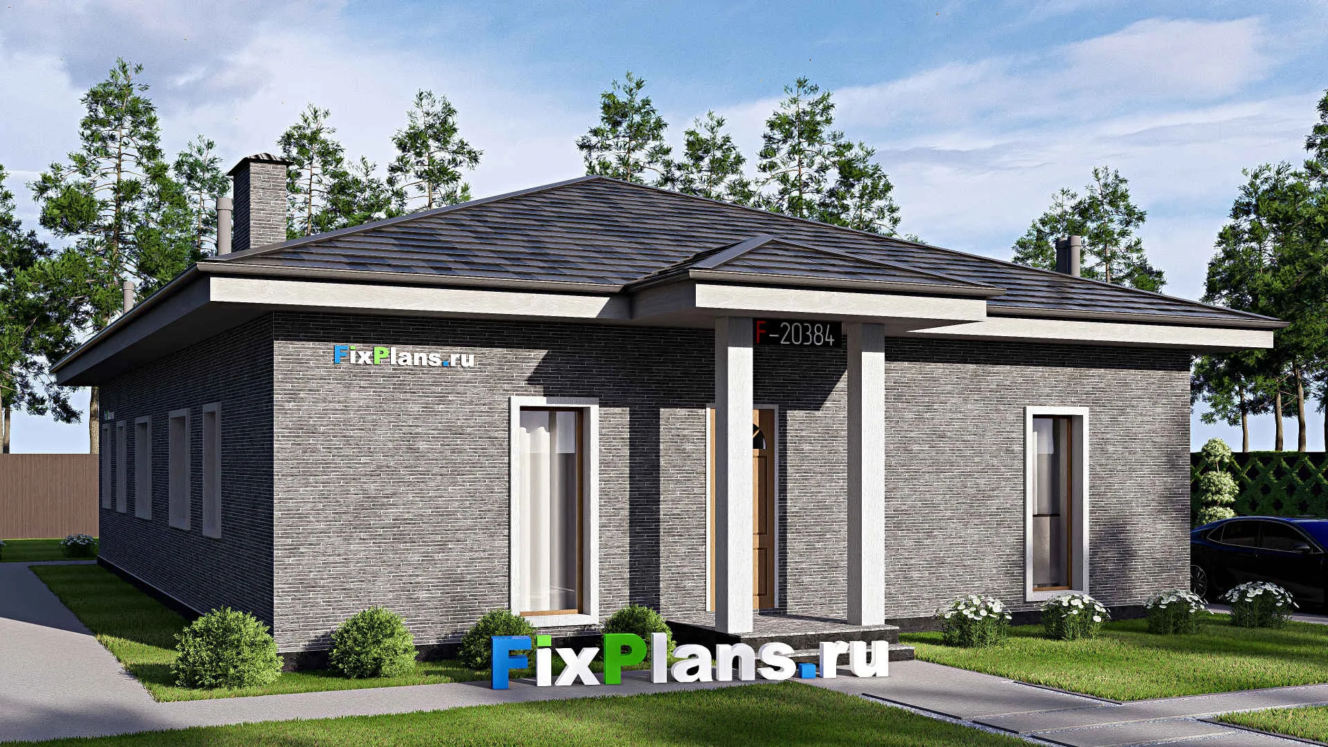 F-20384 - Проект одноэтажного дома 15 на 19, площадью 200 м² с террасой и 3 спальнями