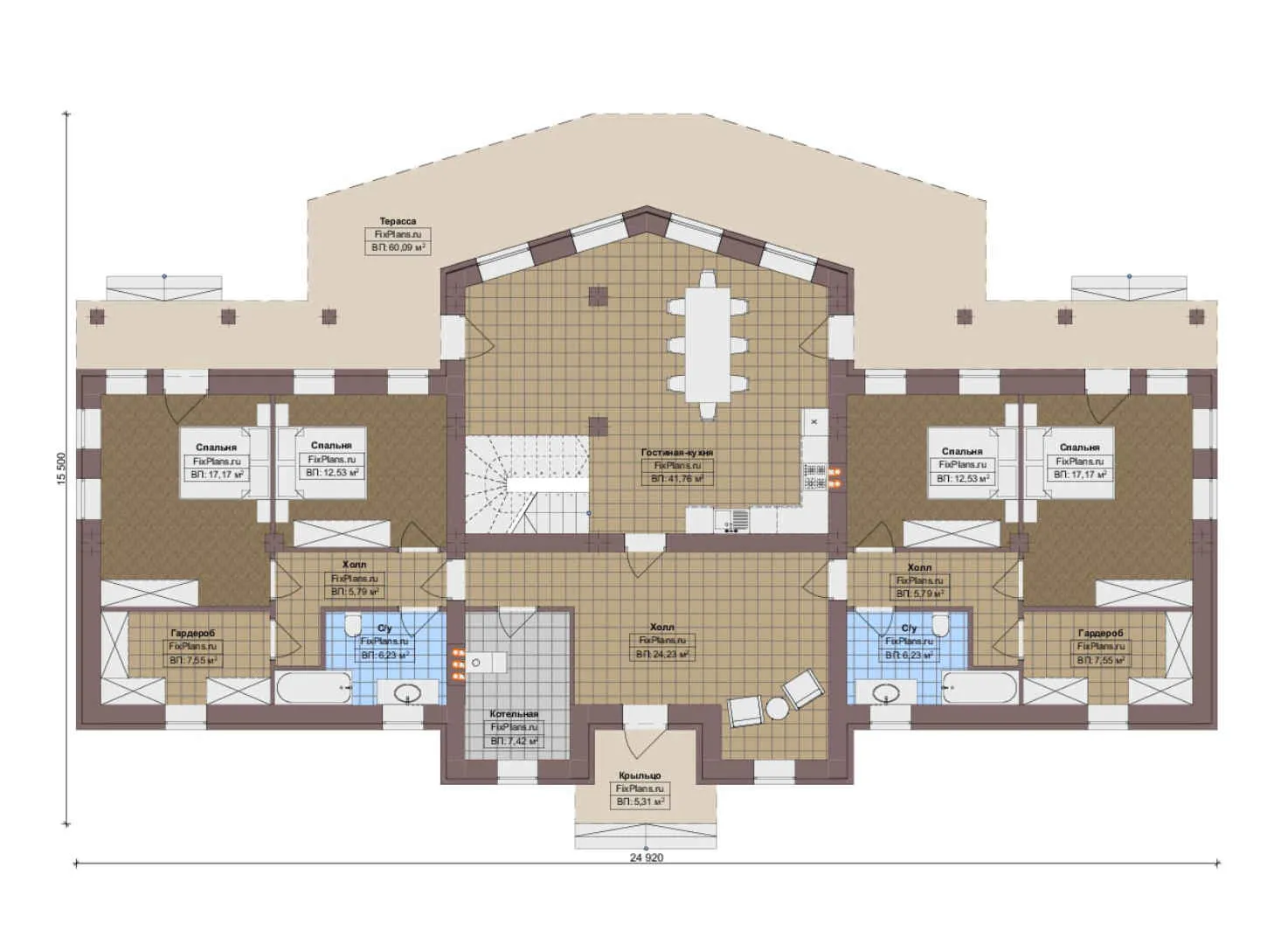 F-10889 - Планы дома с мансардой 16 на 25, площадью 420 м² с террасой и 6 спальнями