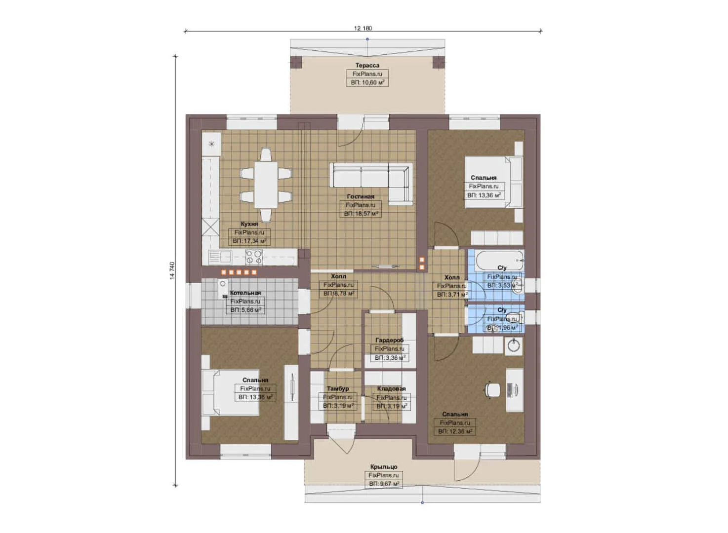 F-12797 - План одноэтажного дома 13 на 15, площадью 130 м² с террасой и 3 спальнями
