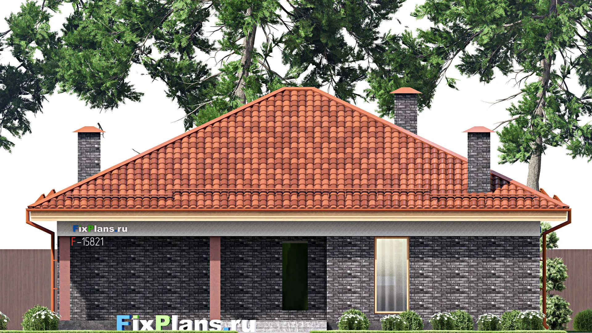 F-15821 - Проект одноэтажного дома 13 на 14, площадью 150 м² с террасой и 4 спальнями