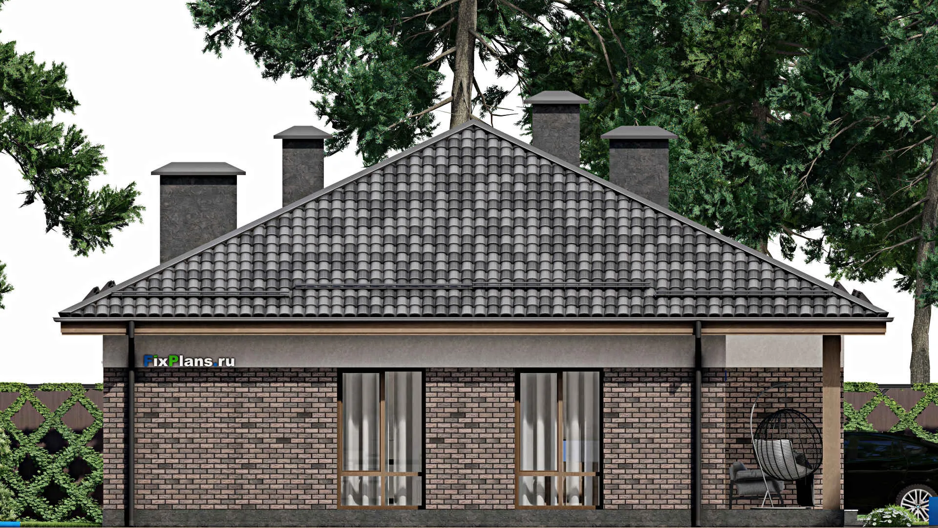 F-8072 - План одноэтажного дома 13 на 17, площадью 180 м² с террасой и 4 спальнями