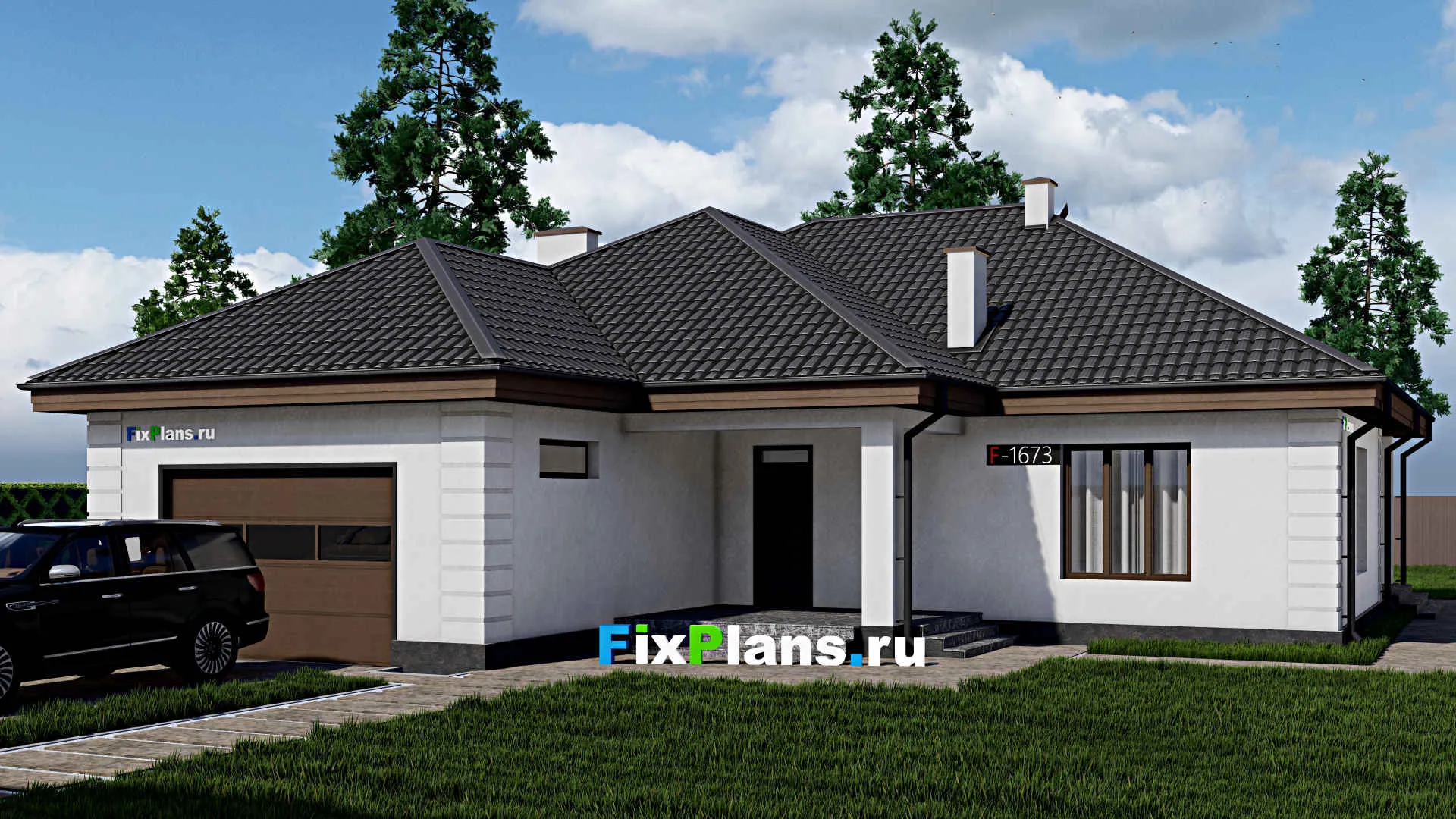 F-1673 - Проект одноэтажного дома 16 на 18, площадью 190 м² с террасой, гаражом на 1 машину и 3 спальнями