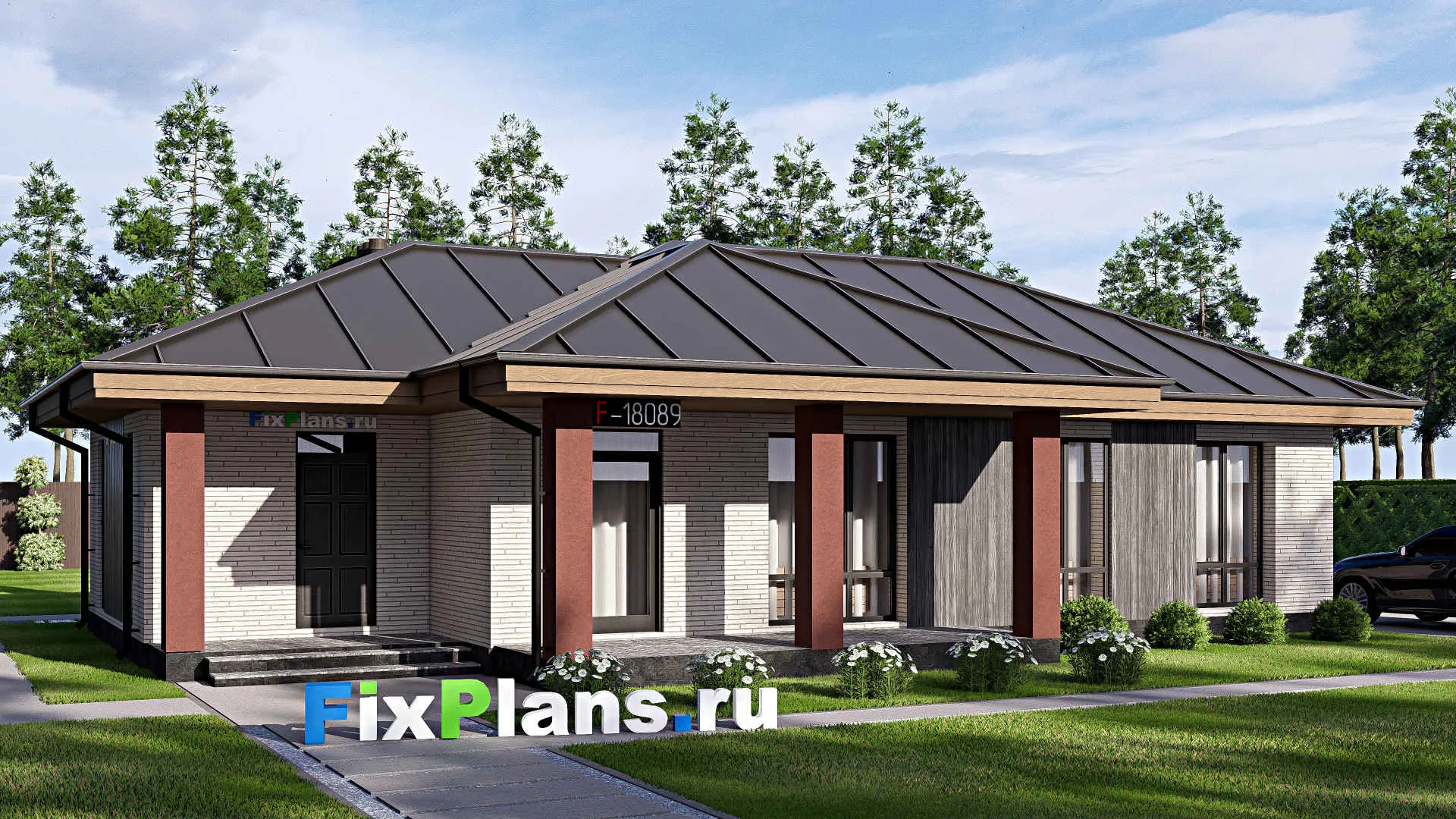 F-18089 - Проект одноэтажного дома 11 на 17, площадью 120 м² с террасой и 2 спальнями