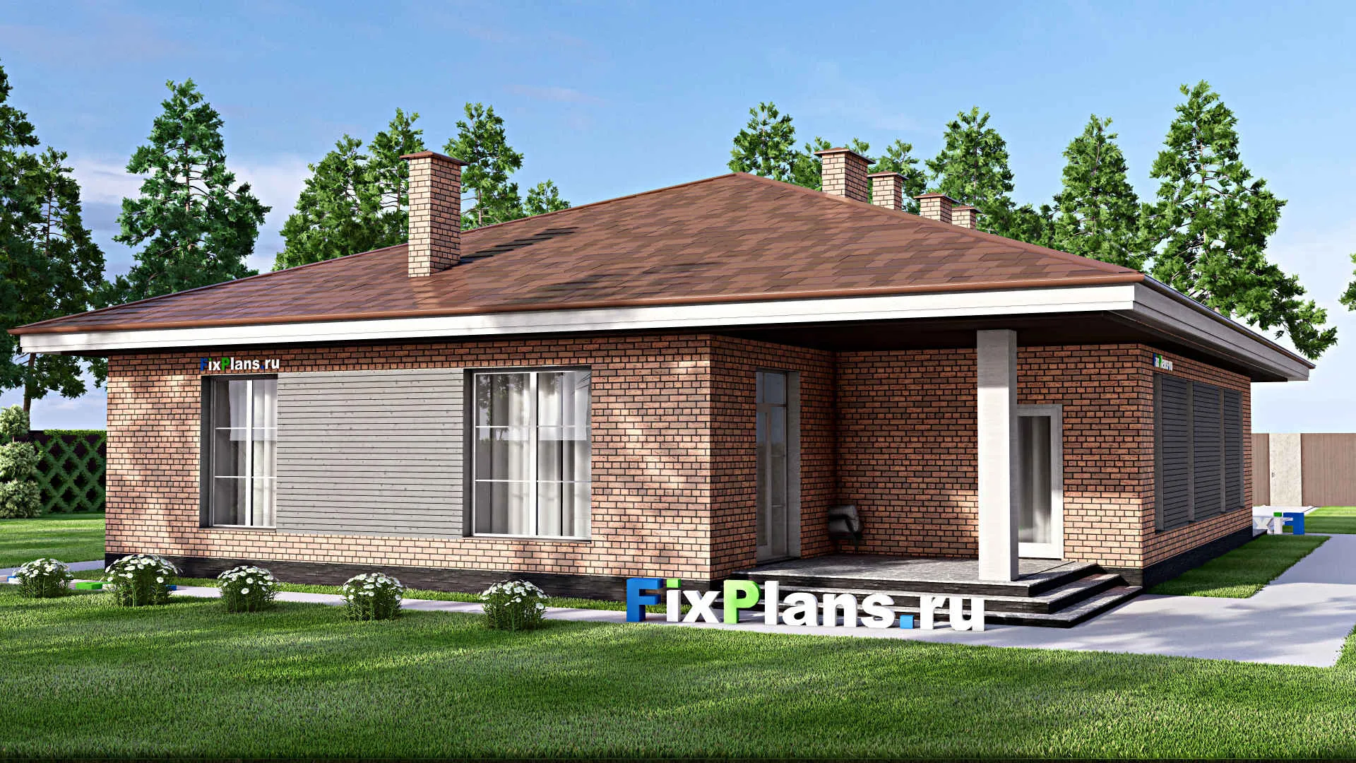 F-15236 - План одноэтажного дома 15 на 19, площадью 210 м² с террасой и 4 спальнями