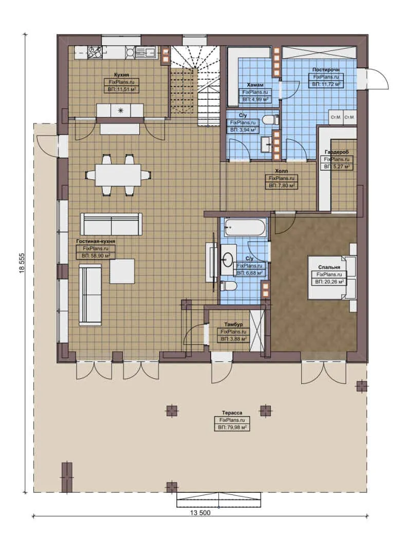 F-8693 - Планы двухэтажного дома 14 на 19, площадью 410 м² с террасой, балконом, баней и 5 спальнями