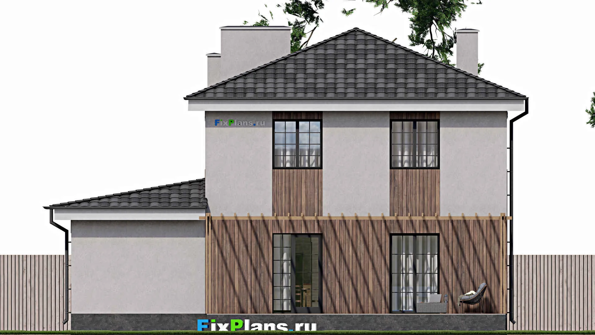 F-1583 - Проект двухэтажного дома 9 на 13, площадью 180 м² с террасой, гаражом на 1 машину и 4 спальнями