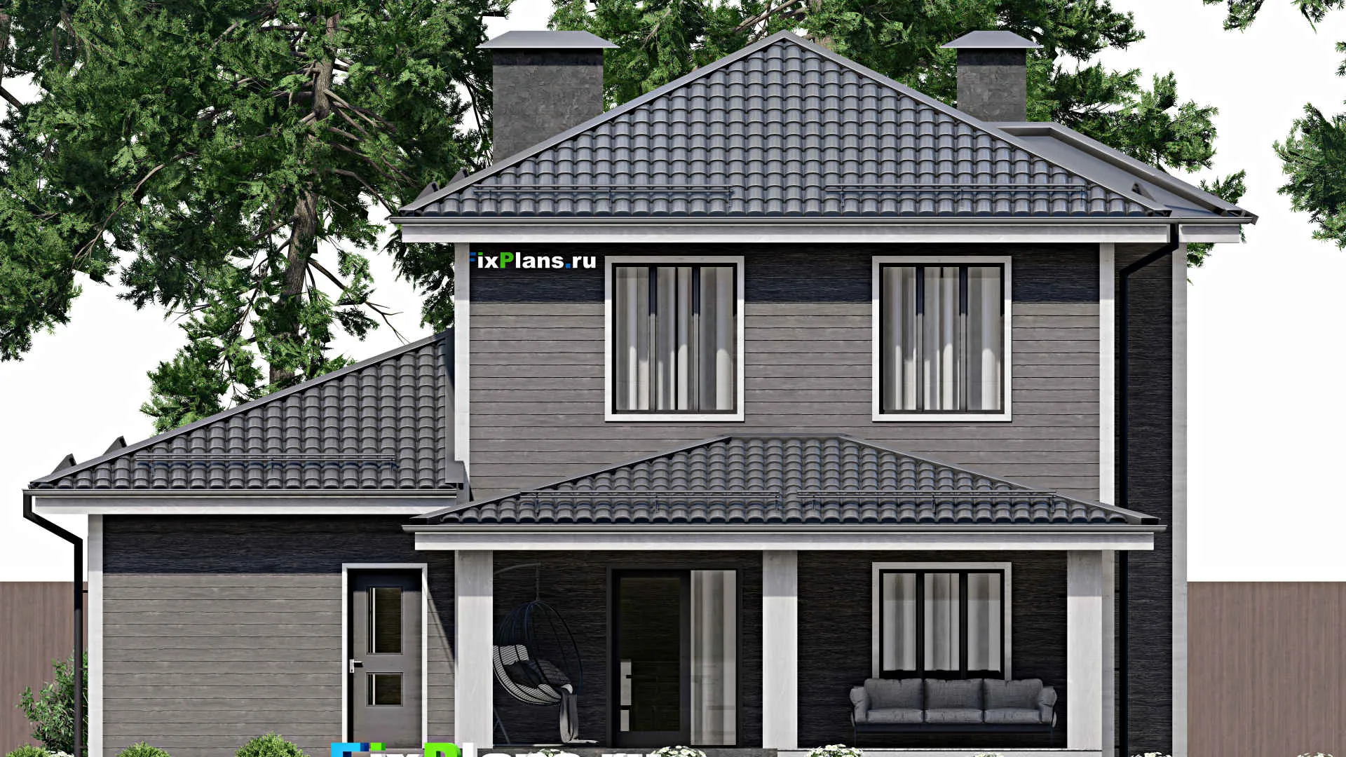 F-3554 - Планы двухэтажного дома 12 на 13, площадью 190 м² с террасой, гаражом на 2 машины и 5 спальнями