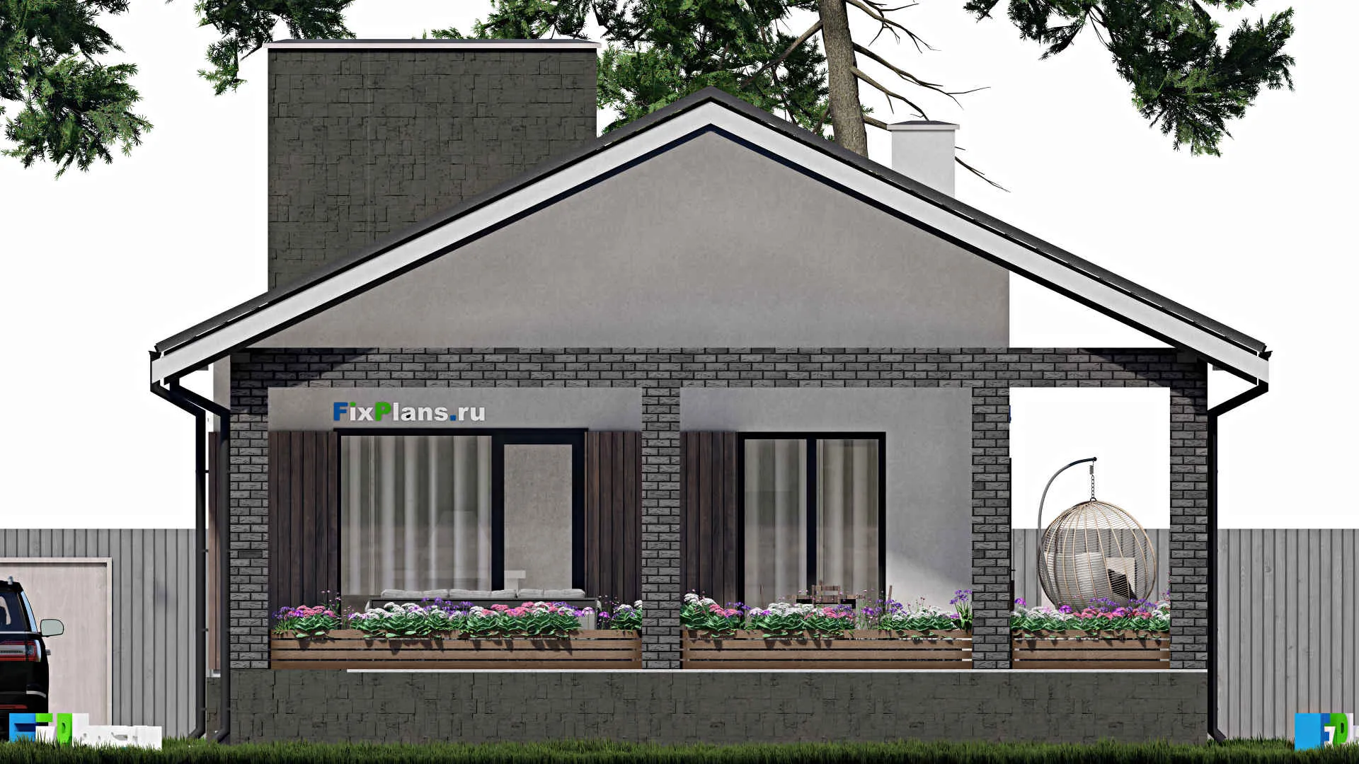 F-0980 - План одноэтажного дома 9 на 12, площадью 120 м² с террасой и 2 спальнями