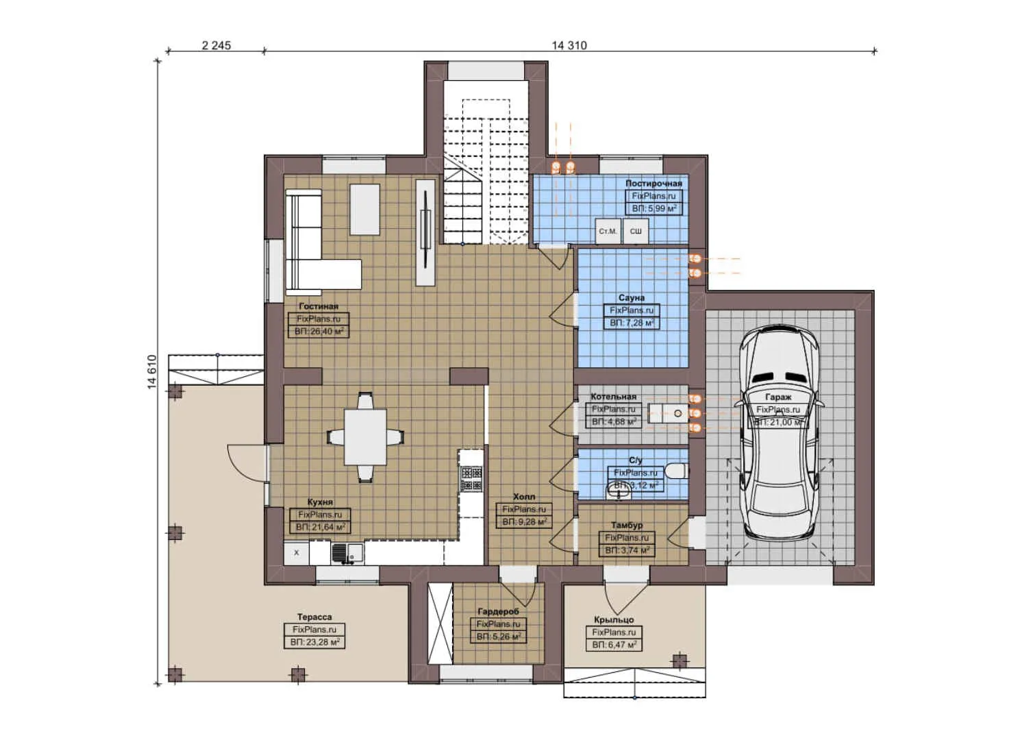 F-6362 - Планы двухэтажного дома 15 на 15, площадью 240 м² с террасой, балконом, баней, гаражом на 1 машину и 3 спальнями