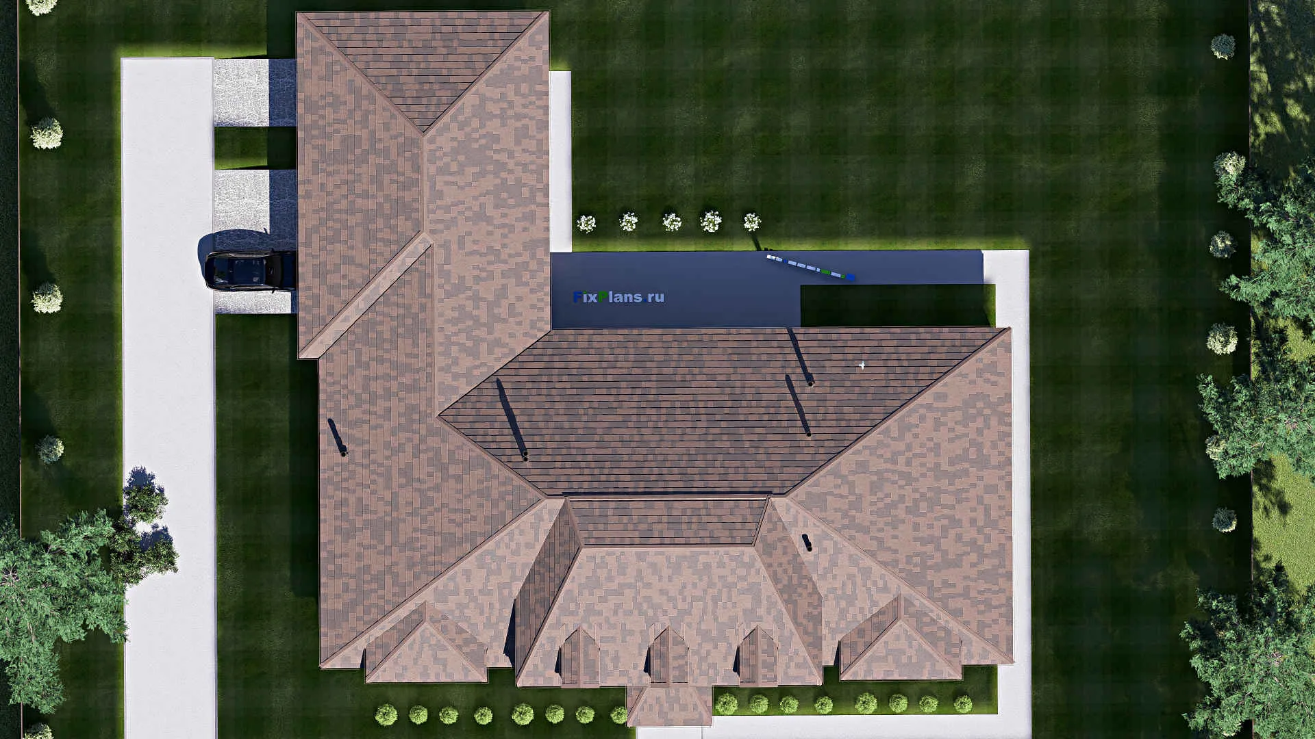 F-19925 - План одноэтажного дома 31 на 31, площадью 470 м² с террасой, гаражом на 2 машины и 4 спальнями