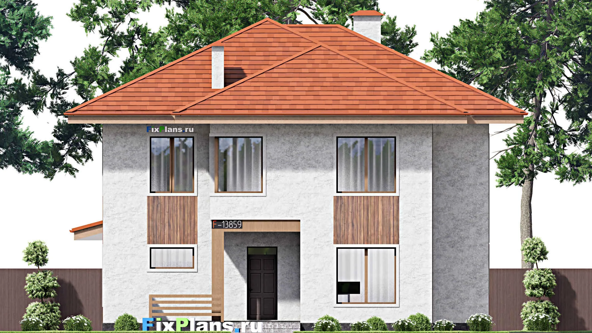 F-13859 - Планы двухэтажного дома 13 на 18, площадью 290 м² с террасой, балконом и 4 спальнями