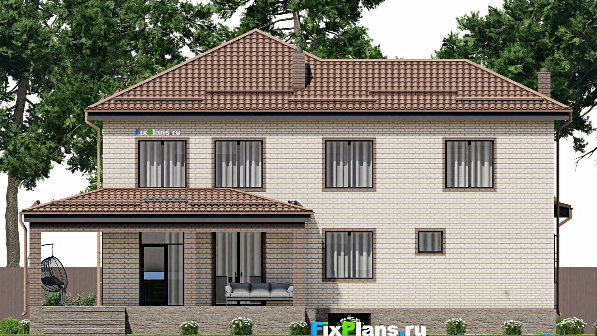 F-3086 - Планы двухэтажного дома 17 на 18, площадью 410 м² с террасой, цокольным этажом, баней, гаражом на 1 машину и 5 спальнями