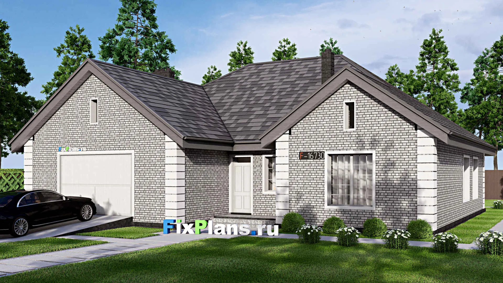 F-16730 - Проект одноэтажного дома 18 на 19, площадью 210 м² с террасой, гаражом на 2 машины и 4 спальнями