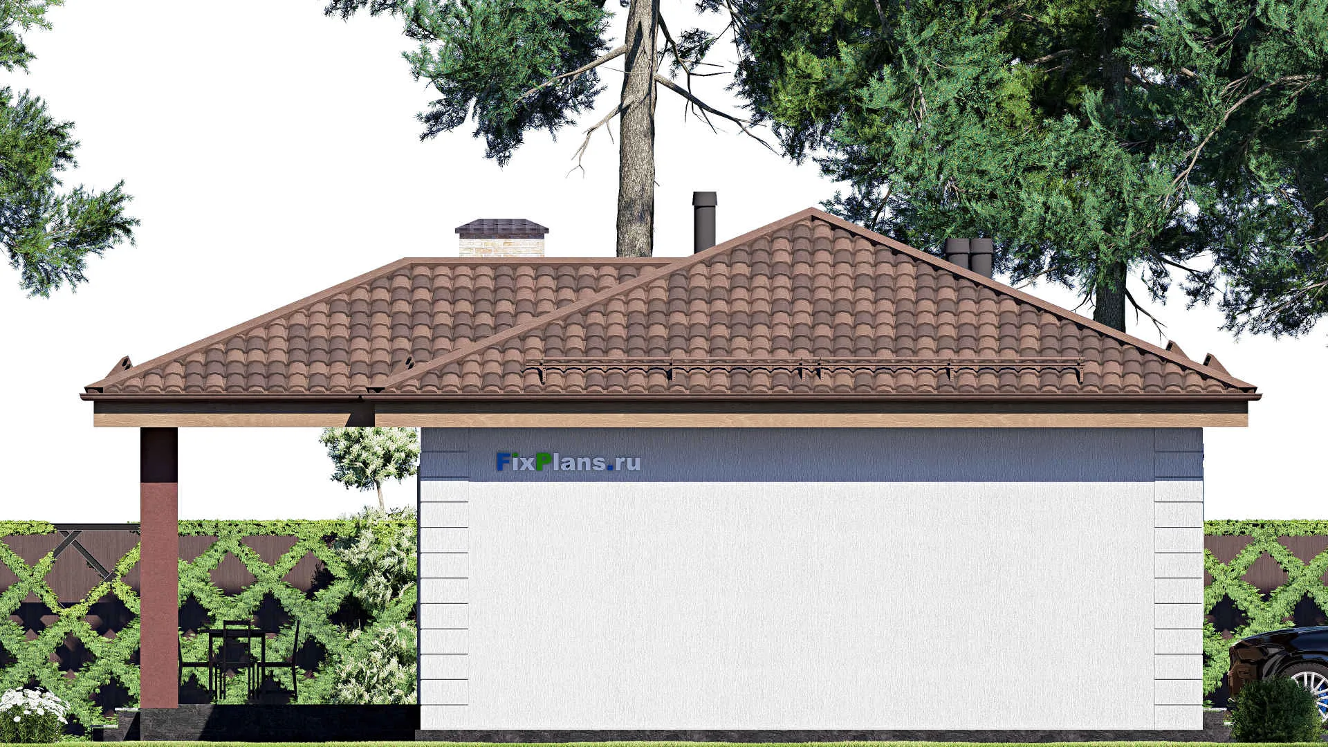 F-19979 - Проект одноэтажного дома 12 на 19, площадью 150 м² с террасой, гаражом на 2 машины и 2 спальнями