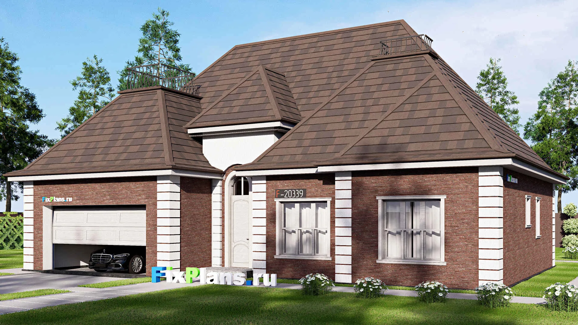 F-20339 - Проект одноэтажного дома 15 на 18, площадью 280 м² с цокольным этажом, баней, гаражом на 2 машины и 3 спальнями