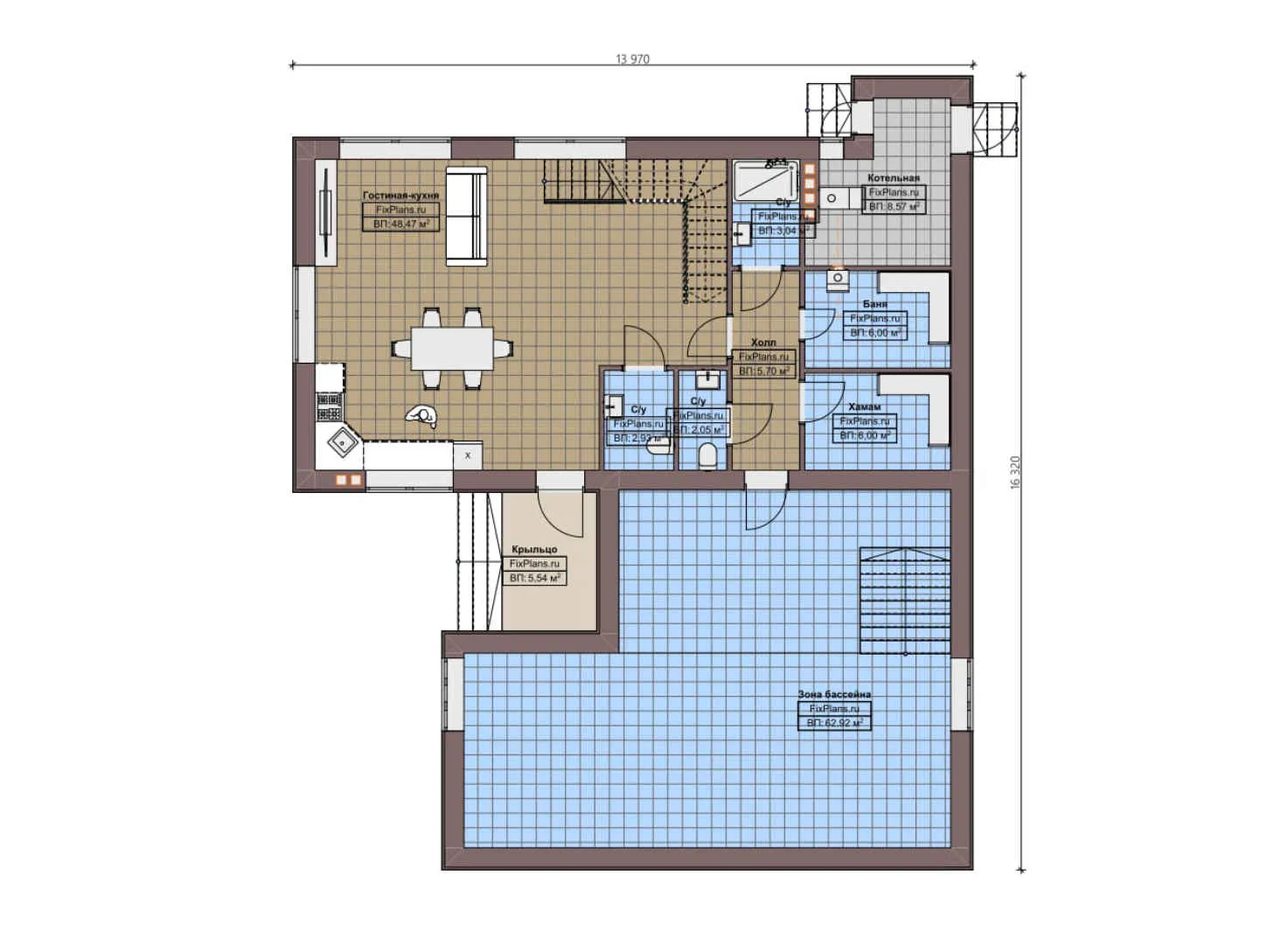 F-3959 - Планы дома с мансардой 14 на 17, площадью 190 м² с баней, бассейном и 1 спальнями