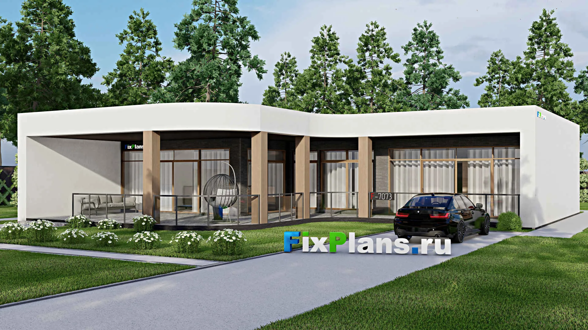 F-7073 - Проект одноэтажного дома 18 на 18, площадью 240 м² с террасой и 3 спальнями