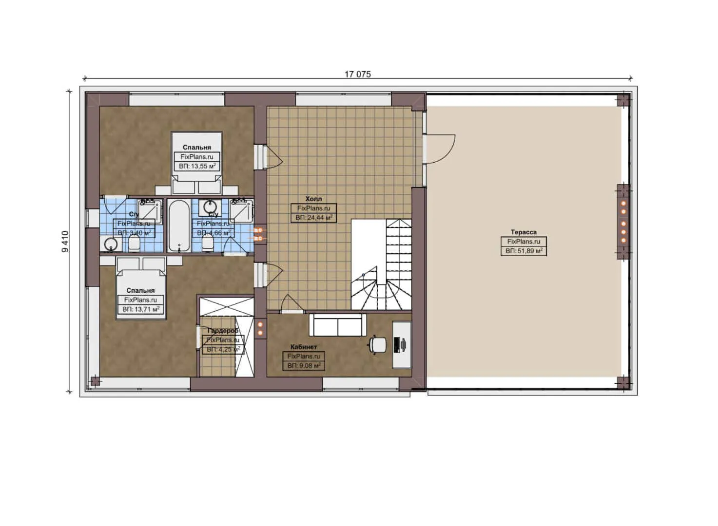 F-7946 - Планы двухэтажного дома 15 на 18, площадью 310 м² с террасой, баней, гаражом на 2 машины и 2 спальнями