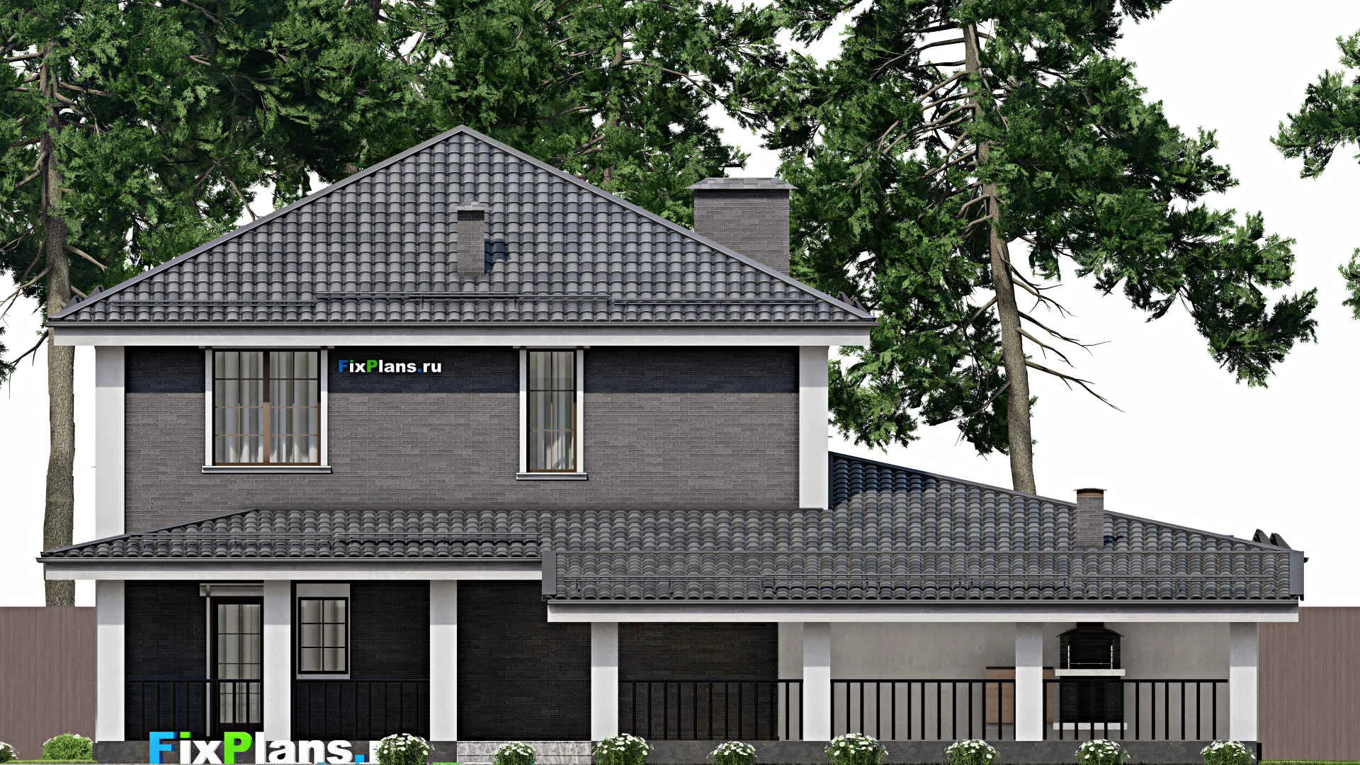 F-12356 - Планы двухэтажного дома 18 на 19, площадью 320 м² с террасой, гаражом на 2 машины и 3 спальнями