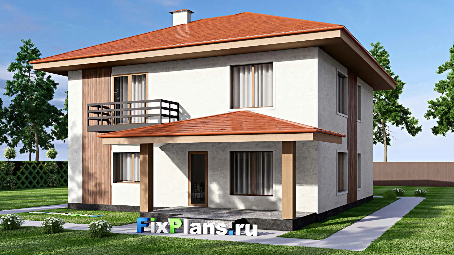 F-13859 - Планы двухэтажного дома 13 на 18, площадью 290 м² с террасой, балконом и 4 спальнями