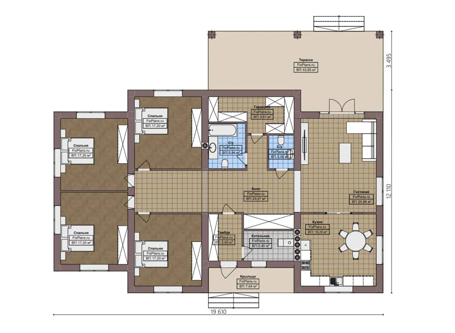 F-3410 - План одноэтажного дома 13 на 20, площадью 230 м² с террасой и 4 спальнями